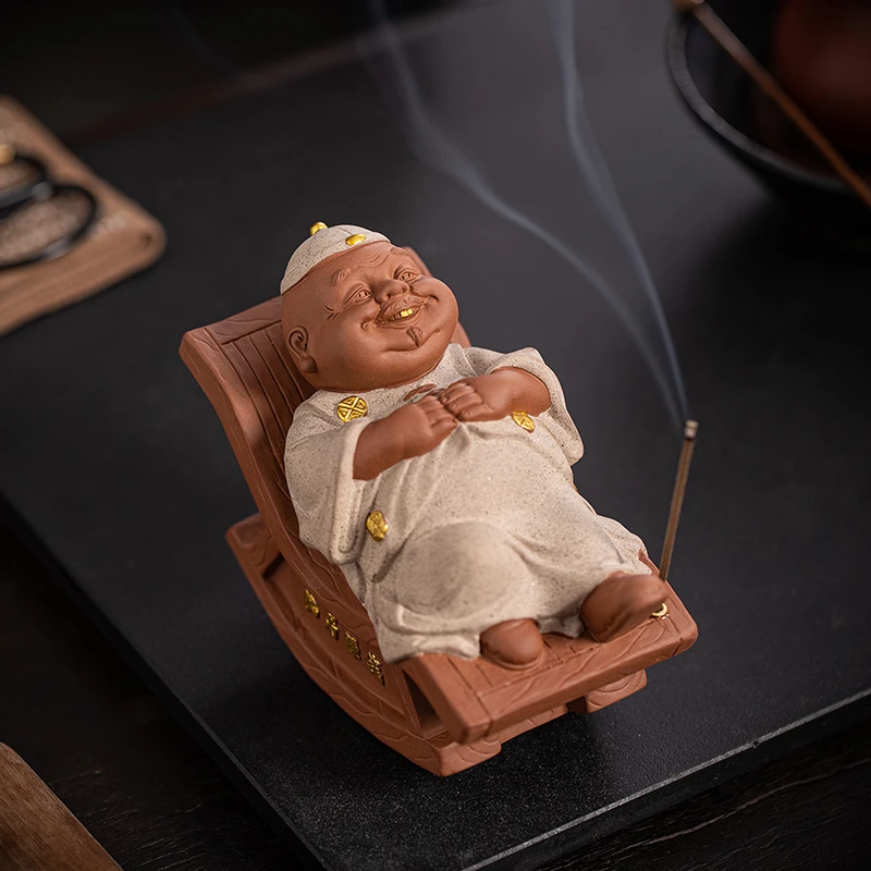 紫砂地主公摇椅茶宠摆件高端家居办公室茶桌可养茶玩线香插装饰品