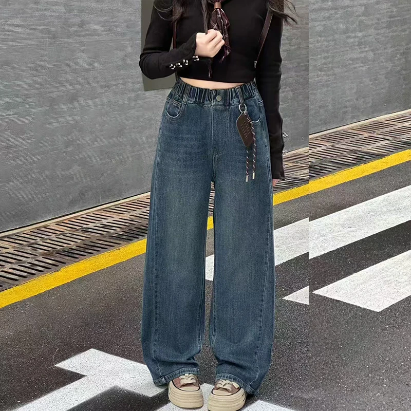 女大童牛仔裤2025新款百搭拖地宽松复古秋季高腰阔腿裤洋气百搭潮