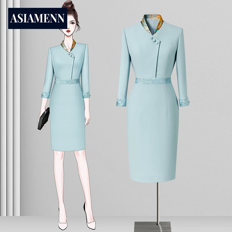 新中式职业连衣裙女春季空姐制服礼仪迎宾前台工作装美容院工作服