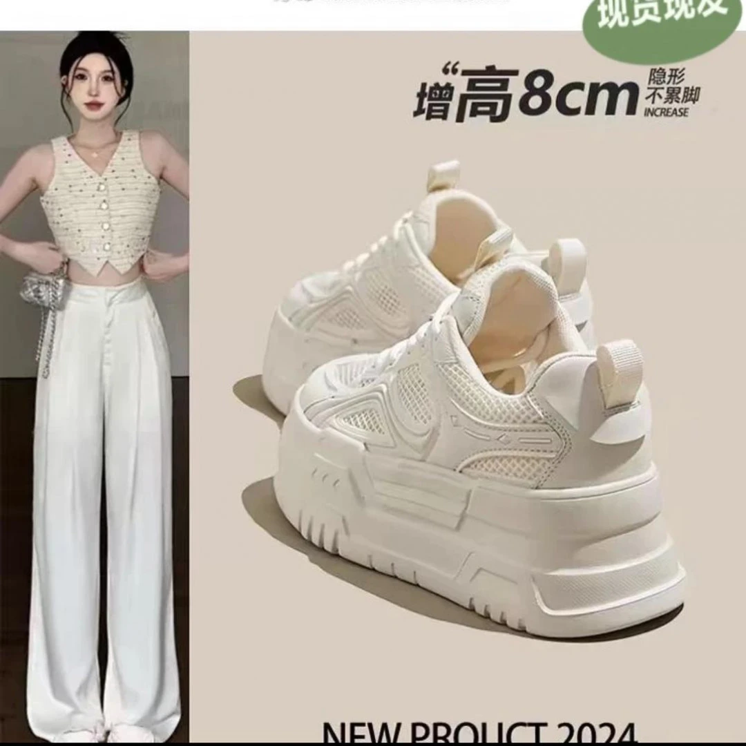 透气网面厚底小白鞋女百搭夏季新款内增高板鞋松糕休闲女鞋运动鞋