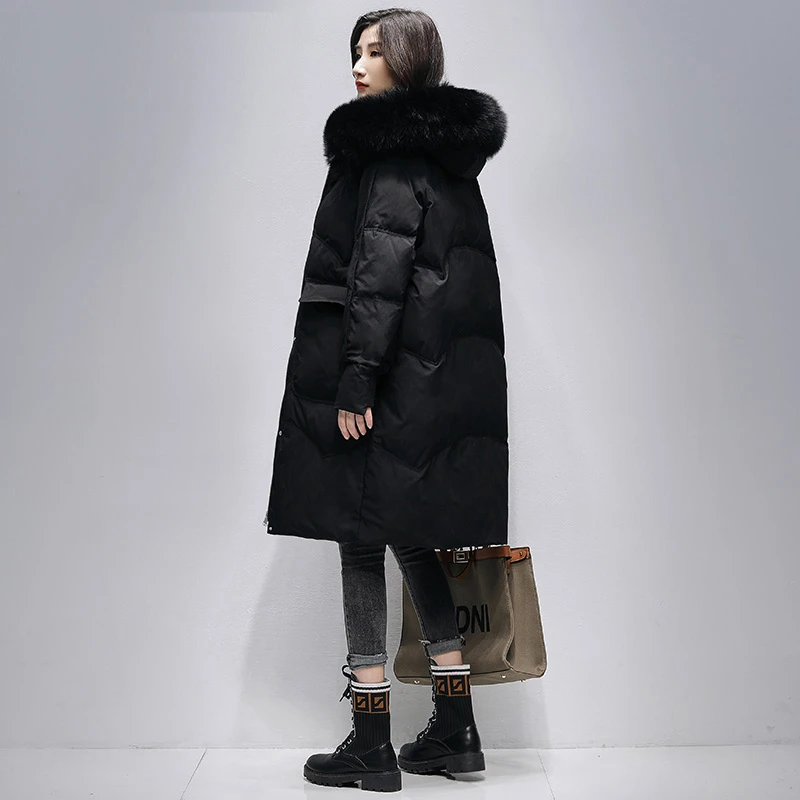 202【真狐狸毛领】冬季时尚轻奢大口袋中长款休闲羽绒服外套女保暖