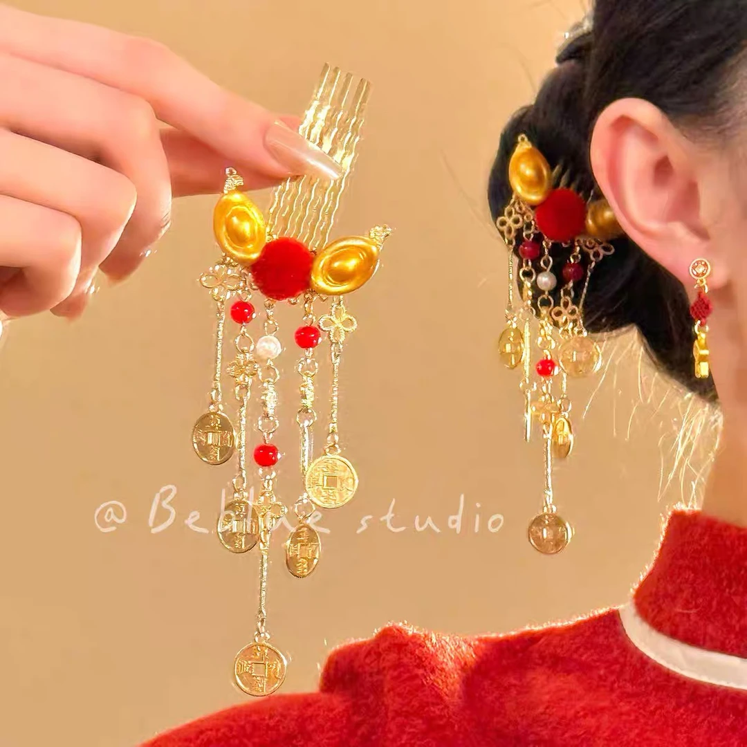 万贯加财~秋冬元宝铜钱流苏金色发夹女拜年红色发饰2026新款头饰