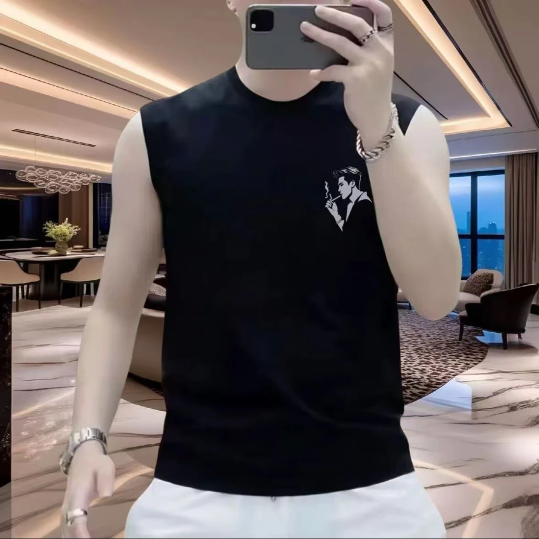 2025潮流时尚新款重磅纯棉印花圆领背心无袖宽松休闲短袖t恤百搭