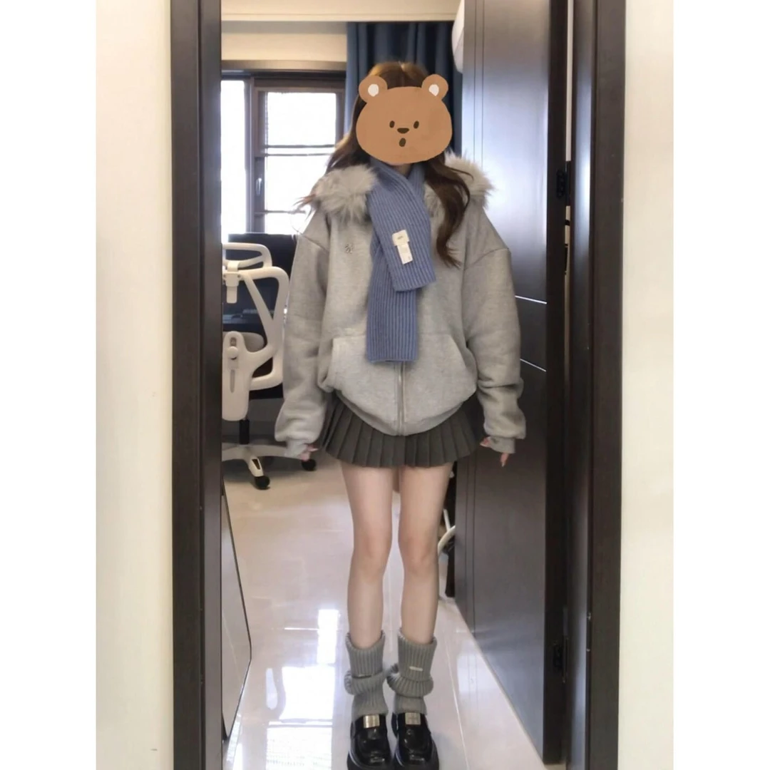 简约百搭毛领蓬松连帽卫衣男女秋冬宽松加绒加厚开衫外套潮ins风