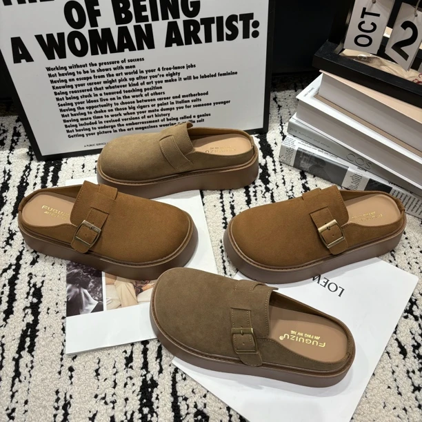 包头超软博肯鞋女2025春秋百搭增高半托皮扣懒人拖复古时尚低帮鞋