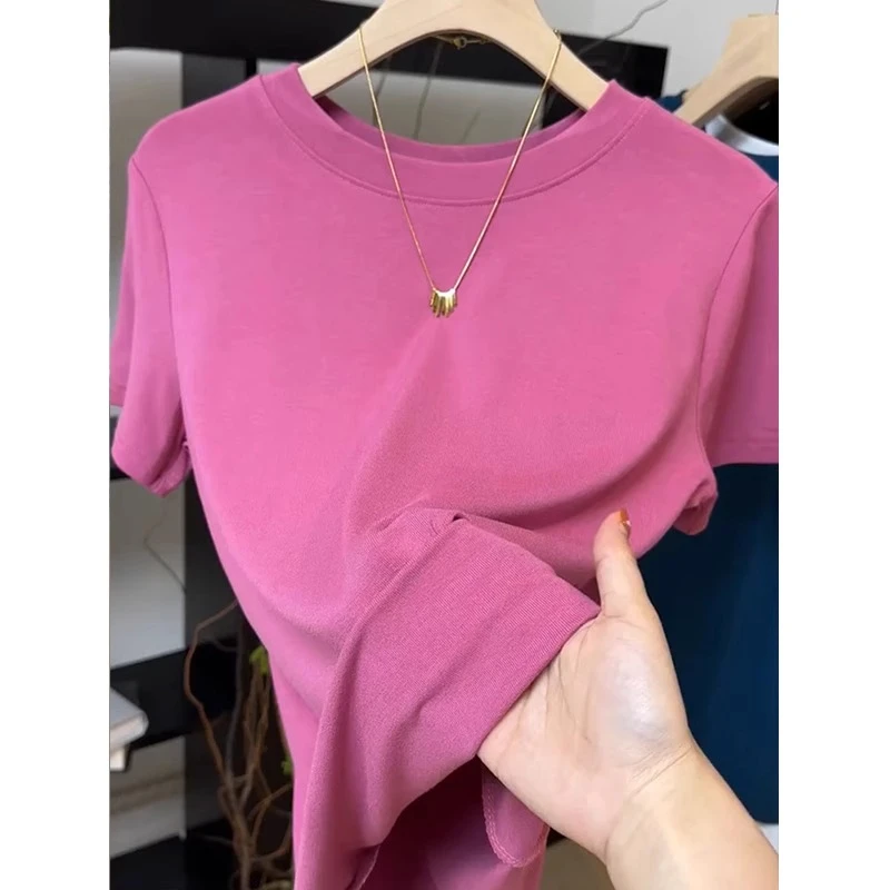 高端梅粉色短袖t恤女夏季薄款修身弹力半袖体恤洋气显瘦圆领上衣