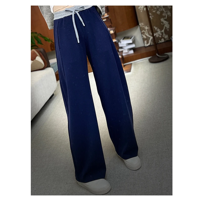 【春季新款】设计感松紧抽绳高腰拼色百搭直筒阔腿休闲卫裤女D25087