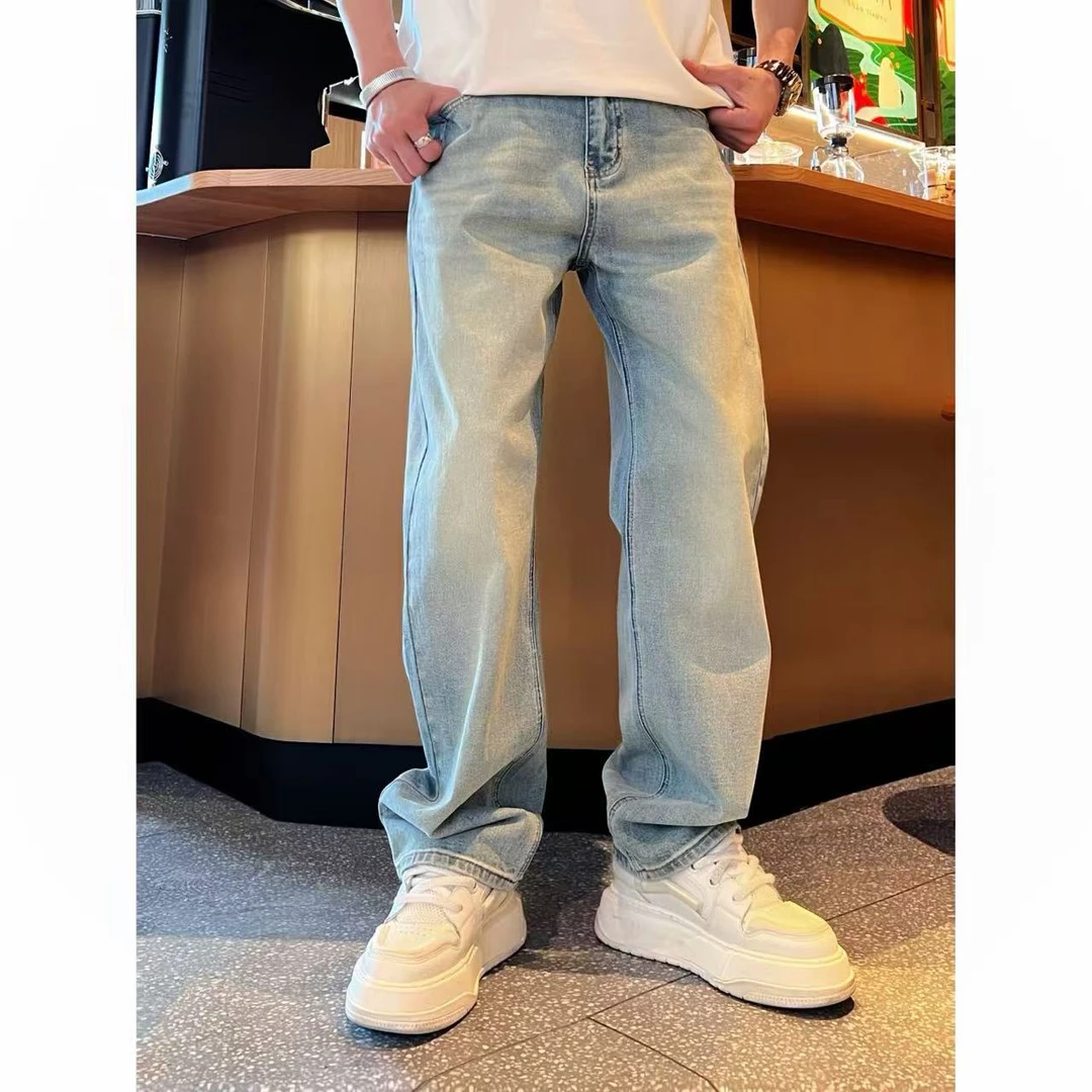 美式休闲怀旧水洗做旧设计感时尚百搭痞帅男士直筒宽松阔腿牛仔裤