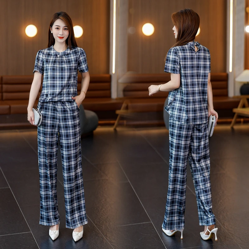 2025年夏季新款时尚遮肚显瘦格子条纹短袖上衣阔腿裤两件套装女