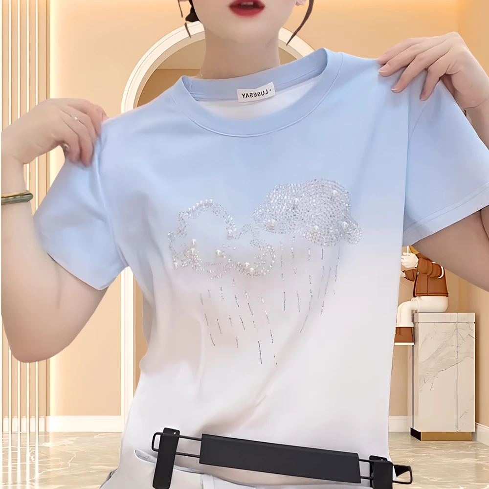 纯棉夏季独特漂亮小衫渐变色休闲t恤女重工个性亮片印花短袖女t恤
