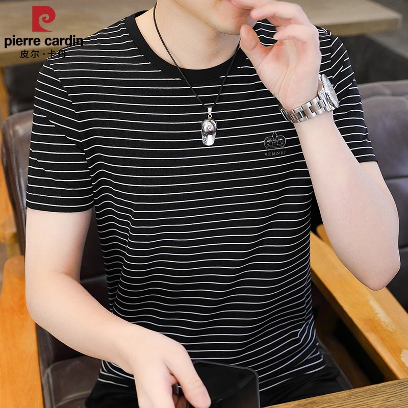 皮尔卡丹冰丝男士短袖t恤2025夏季轻奢高档烫钻圆领条纹时尚半袖