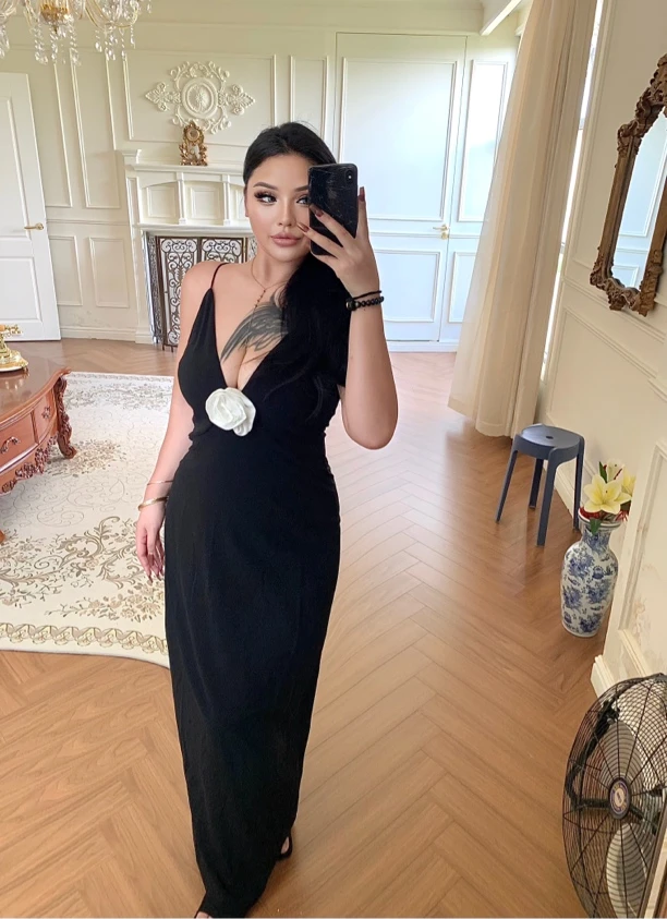 BBWootd微胖遮肉高级感气质深v显瘦礼服长款连衣裙