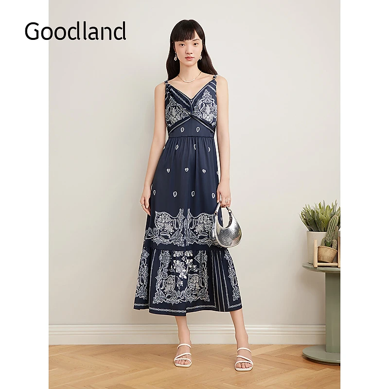 Goodland美地2025夏季南法佩斯利印花度假风缎面扭结吊带连衣裙女