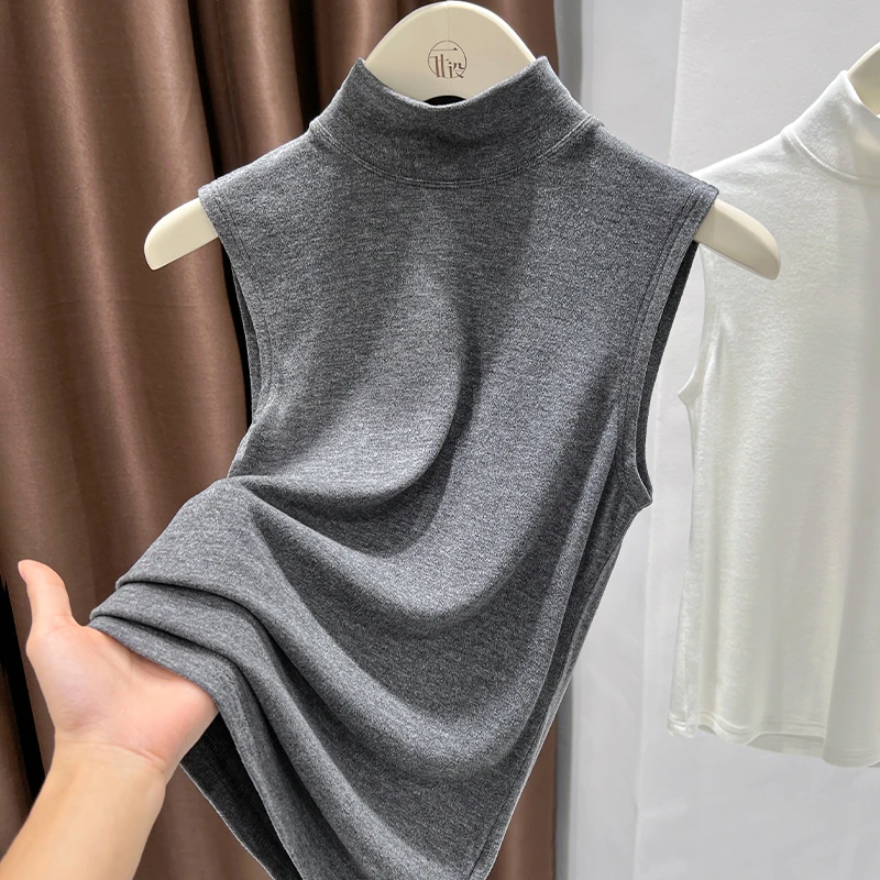 秋冬季新款洋气内搭无袖背心小众修身打底衫灰色简约半高领上衣女