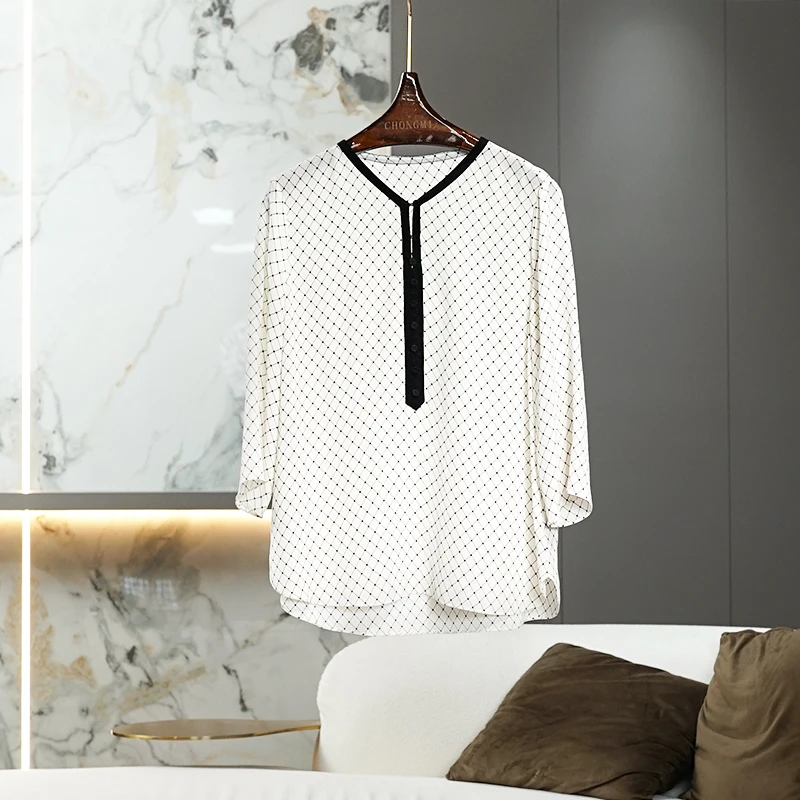 【双绉真丝】格子拼色V领衬衫女2025春夏季新款时尚百搭显瘦上衣