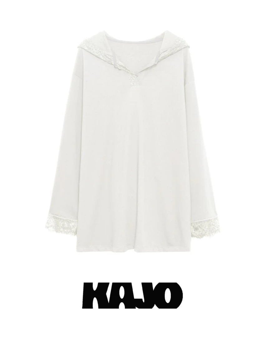 KAJO 设计师品牌 25AW亚麻蕾丝拼接长袖帽衫