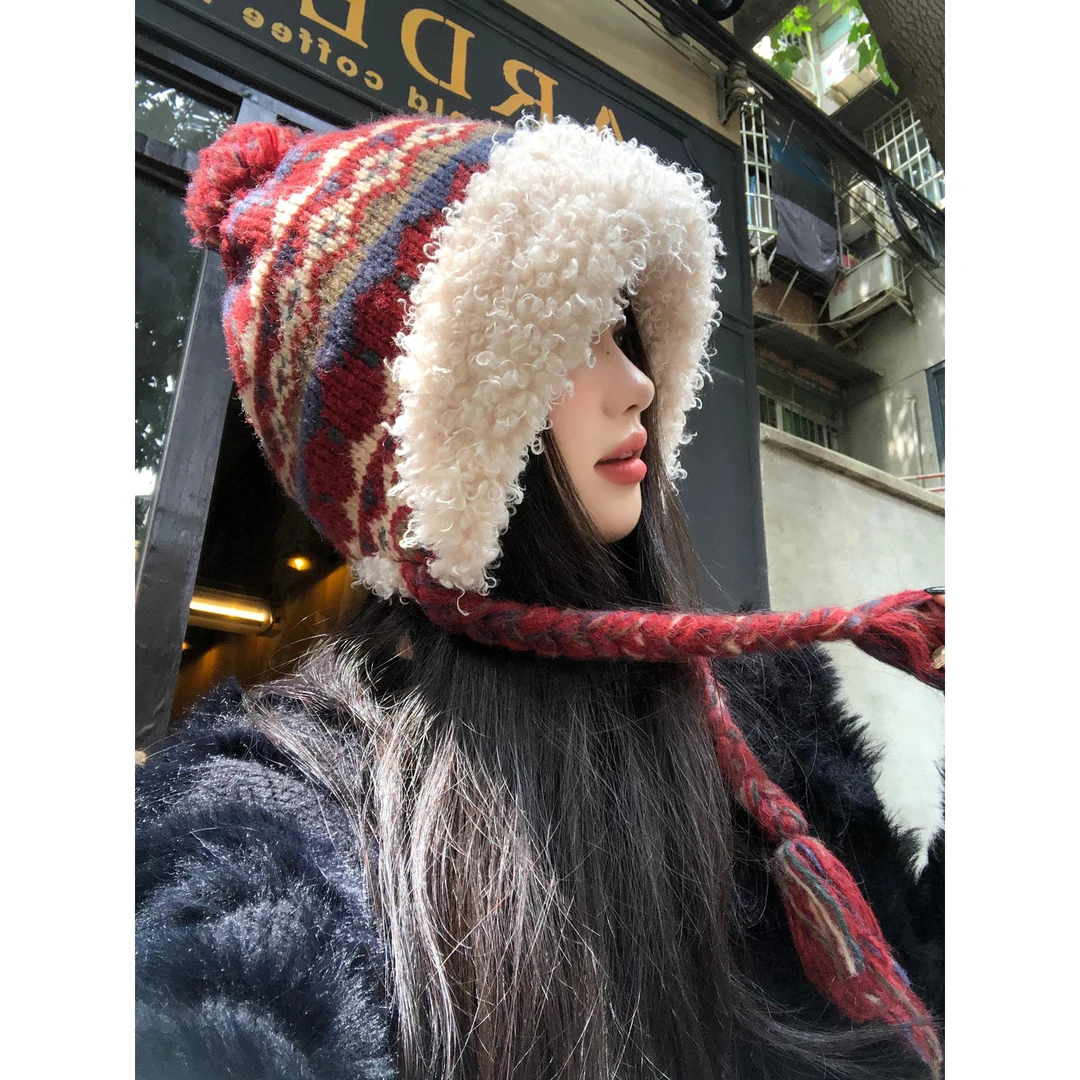 LOVELVLV费尔岛红色绒雷锋帽女冬季加厚加绒护耳帽保暖防寒针织帽