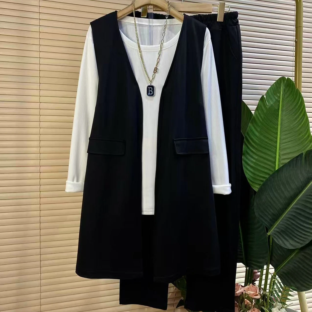 O胖mm欧货时尚新款秋季简约马甲打底衫裤子套装