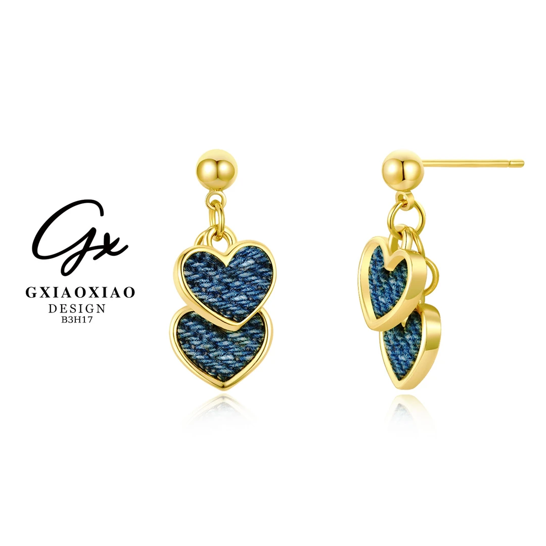 铜合金布艺耳饰 GXX 时尚气质高级感优雅浪漫双爱心耳环 B3H17