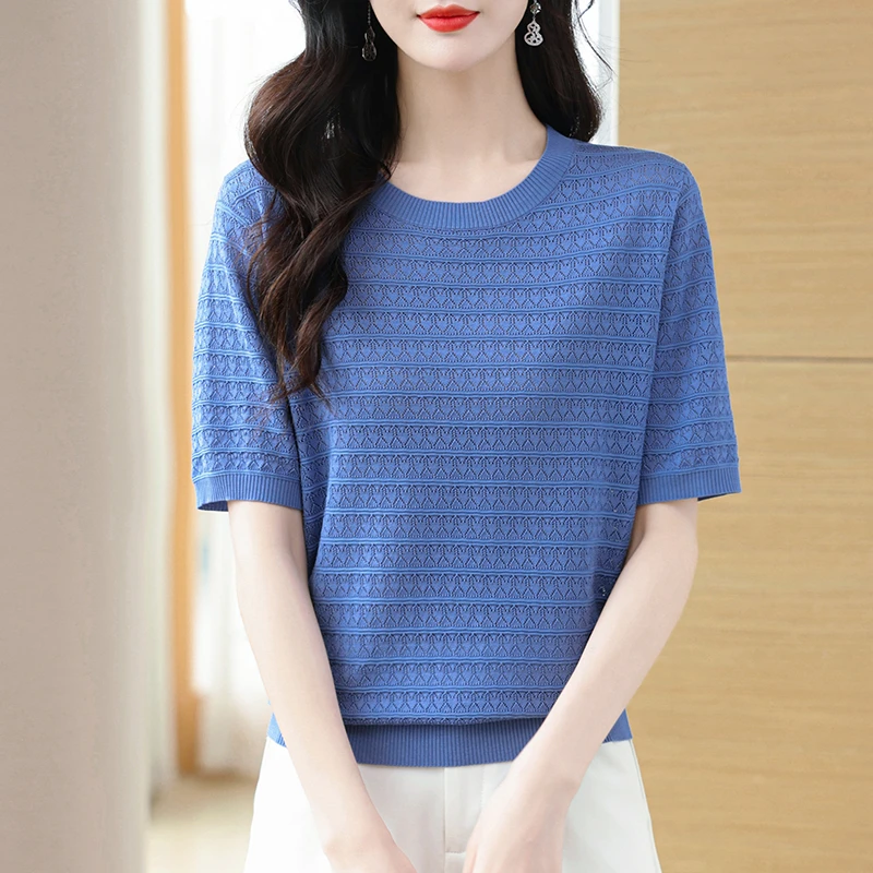 冰丝镂空圆领短袖t恤女士2025夏季新款减龄妈妈洋气爆款遮肚上衣