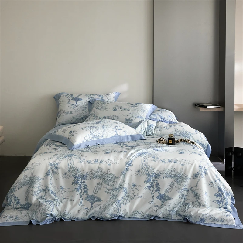 【晴美】迪奥风莱赛尔天丝印花四件套-森林物语-蓝