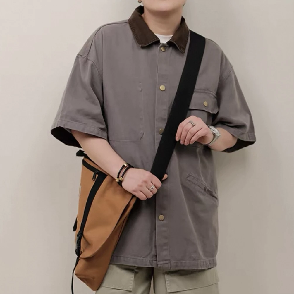 日系阿美咔叽多口袋短袖衬衫男女宽松水洗底特律半袖衬衣-CC066