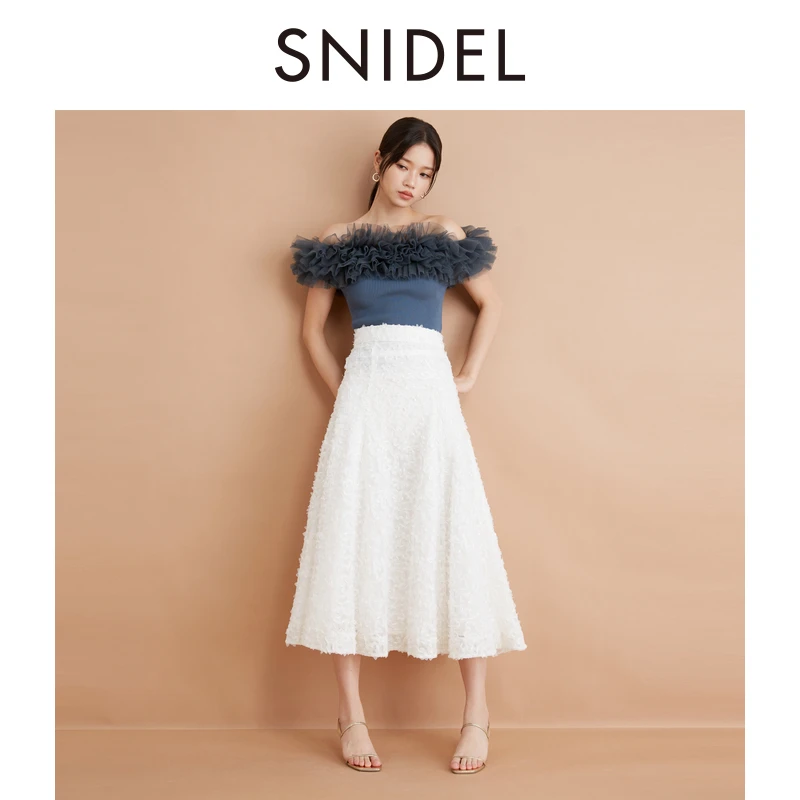 SNIDEL甜美高腰薄纱刺绣提花A字半身裙SWFS244027