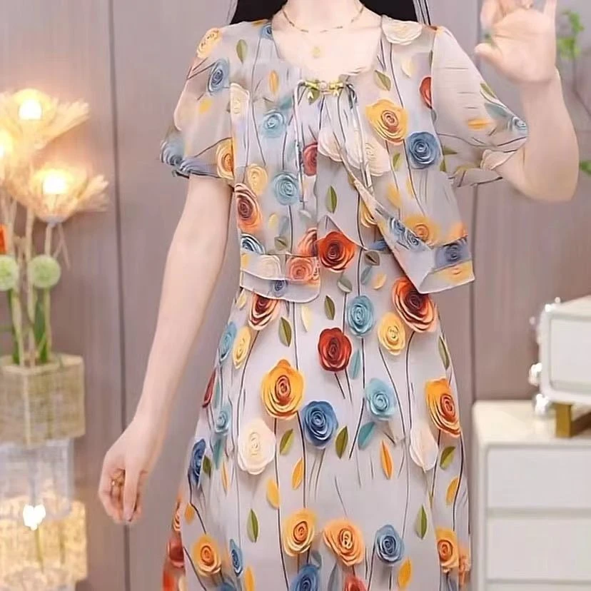 轻盈优雅新款中长裙拼接遮腹显瘦时尚短袖圆领气质连衣裙