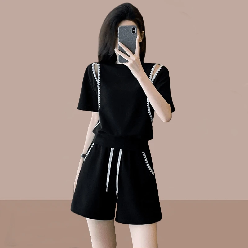 气质时尚百搭短袖套装女2025年夏季新款宽松遮肉显瘦短裤两件套