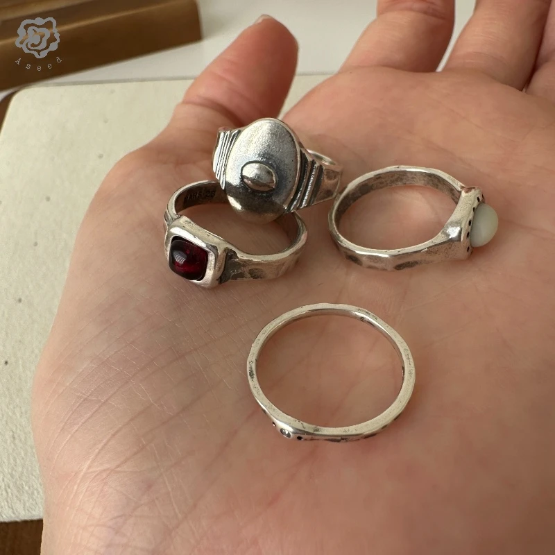 925银玻璃戒指 【缚约】925银按钮做旧手工质感戒指