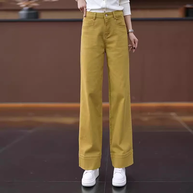 拉夏贝尔姜黄色减龄牛仔裤女春秋2025年宽松慵懒感百搭显瘦直筒裤