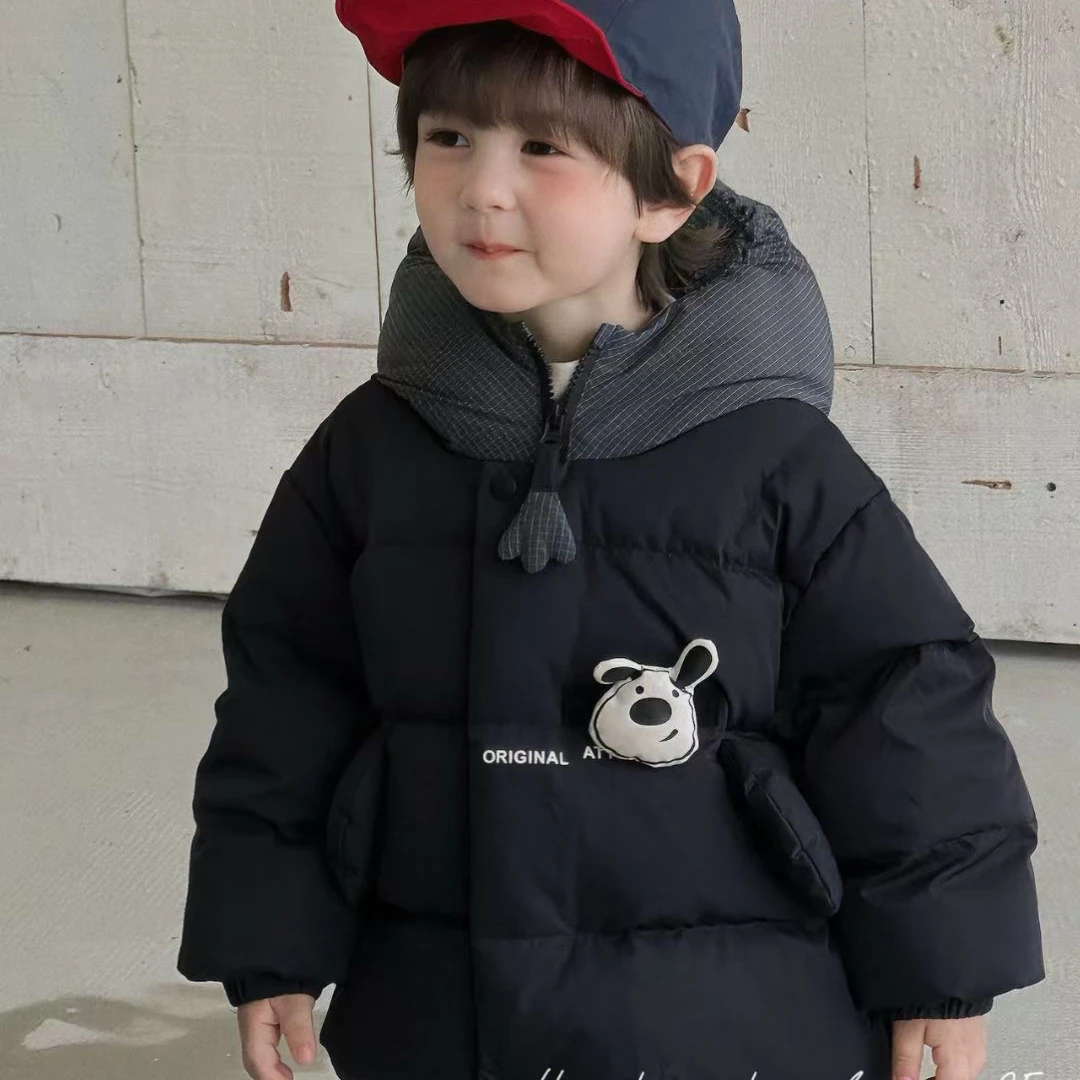 2025女童新款羽绒服冬季加厚外套撞色连帽防寒男童外套宝宝卡通