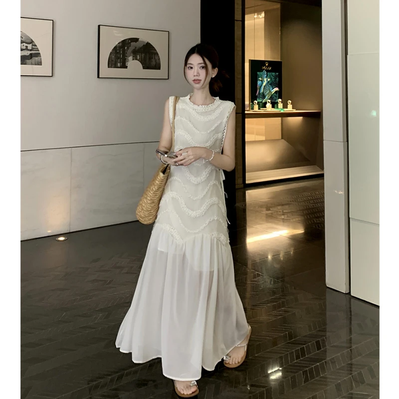 法式高级感拼接仙气连衣裙女夏季2025新款网纱轻奢收腰显气质长裙