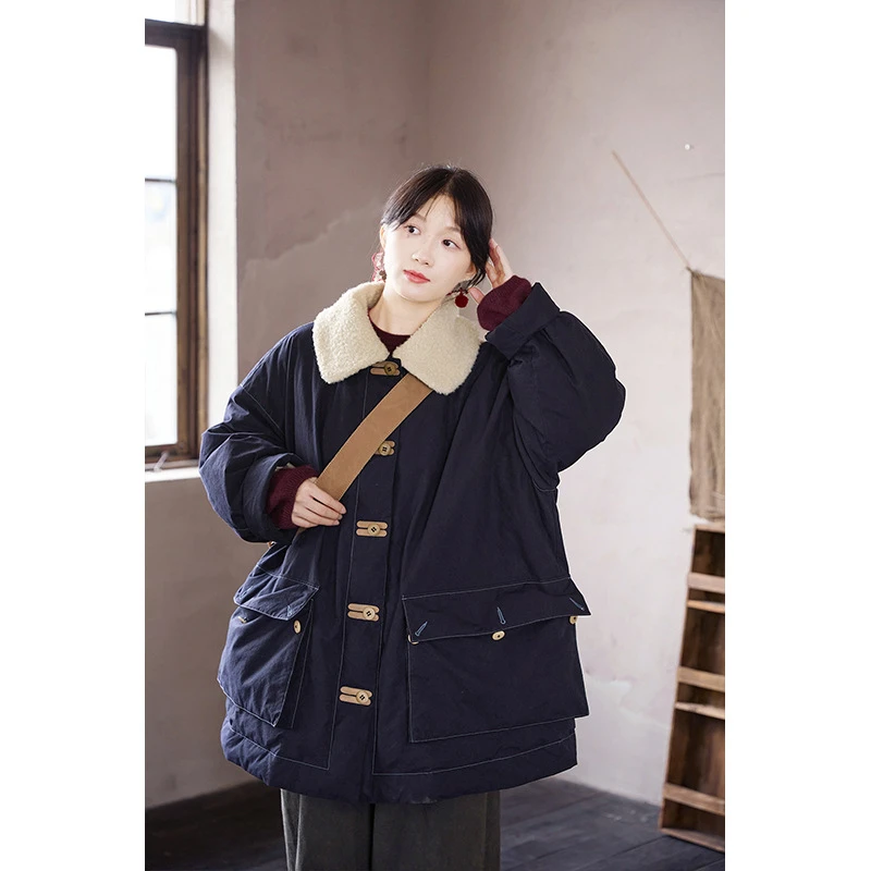 冬季新款文艺复古工装群青蓝复古重磅加厚保暖大翻领中长款羽绒服