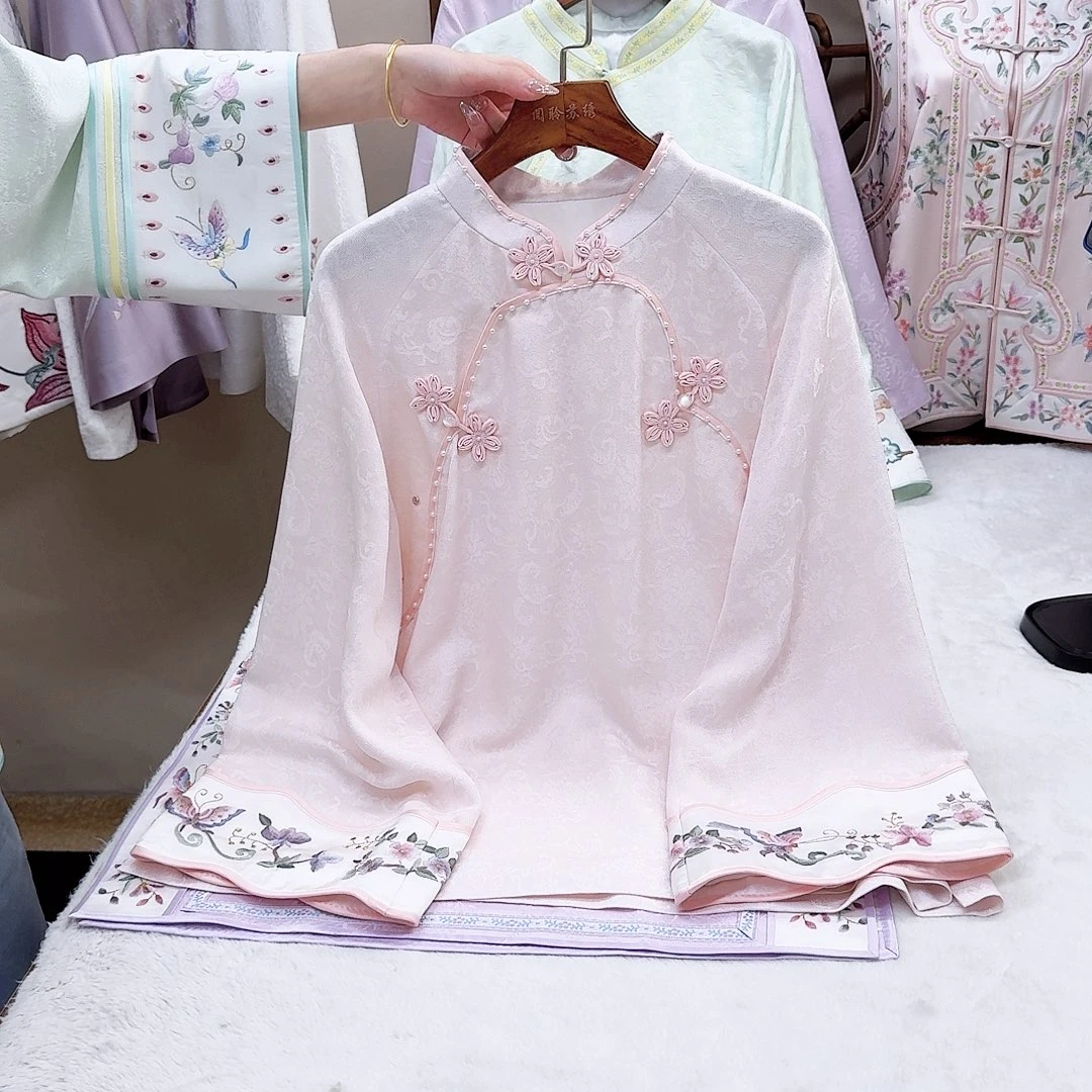 织绣真丝粉色美菱襟上衣