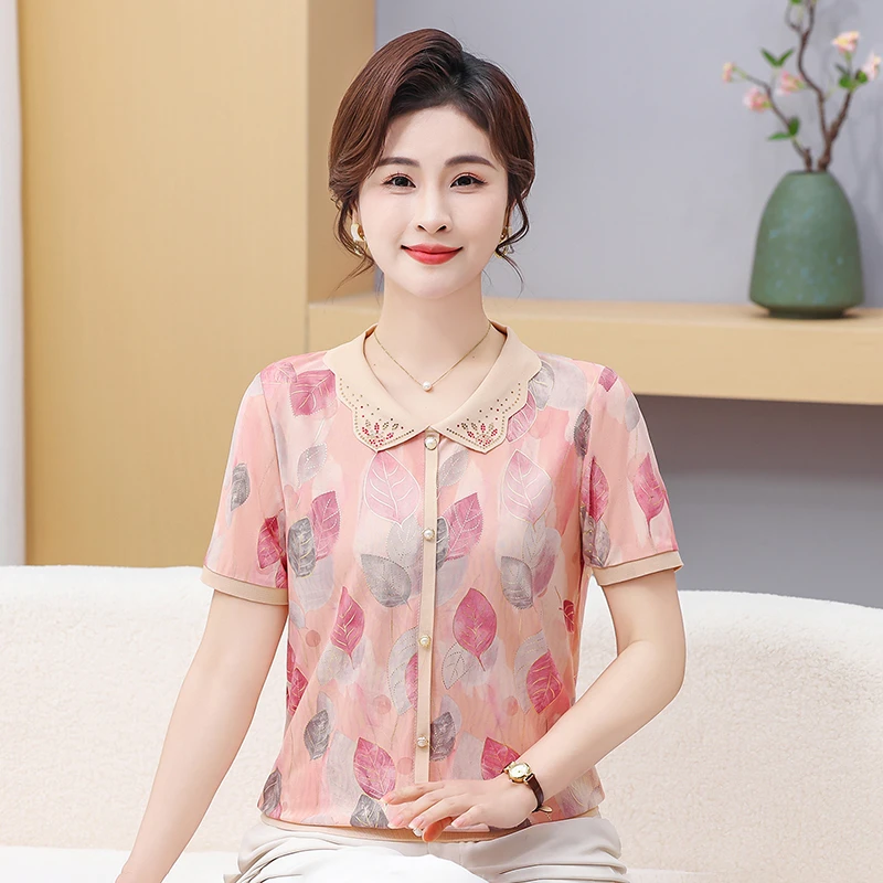妈妈装夏季短袖T恤2025新款中老年女装时尚洋气冰丝薄款时髦小衫