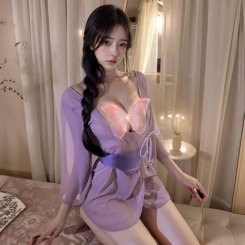 纯欲性感御姐诱惑蕾丝镂空和服睡裙紫色优雅约会战袍qqny