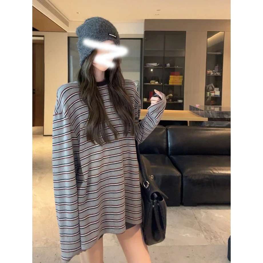 【条纹派】高知质感圆领廓形显白撞色条纹上衣长袖T恤慵懒风