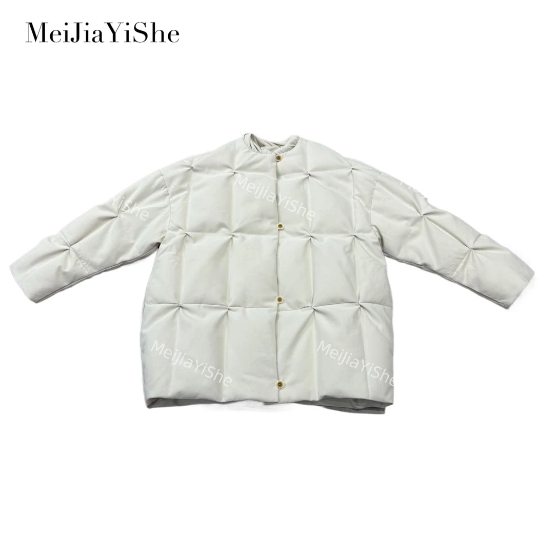 梅家2024新款纯色圆领单排扣宽松鹅绒服