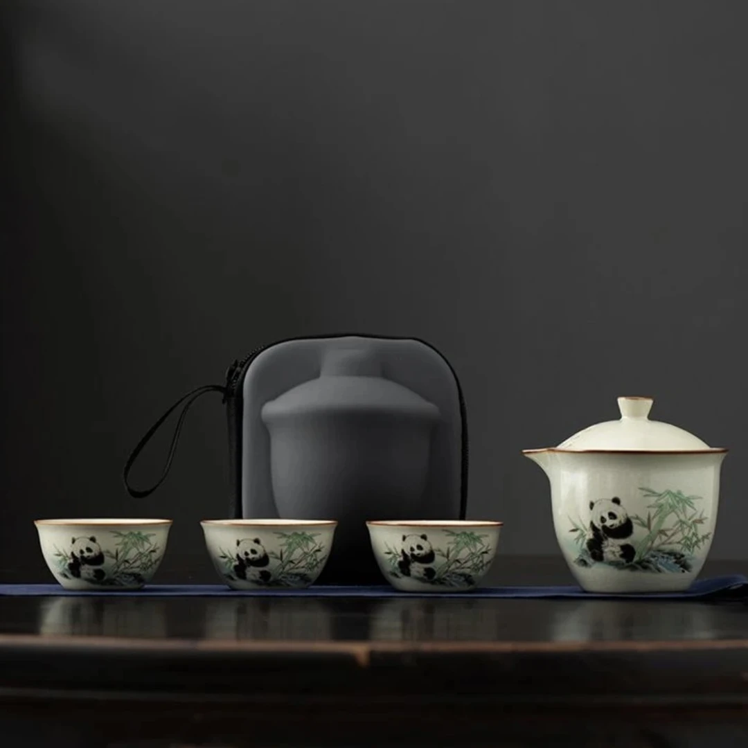 AA158汝窑熊猫戏竹旅一壶三杯D