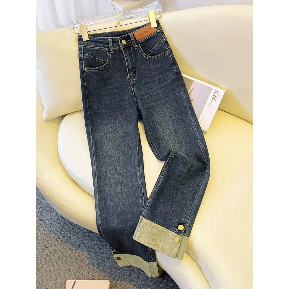 九分直筒牛仔裤女拼接撞色卷边秋冬新款高腰显瘦小个子弹力烟管裤