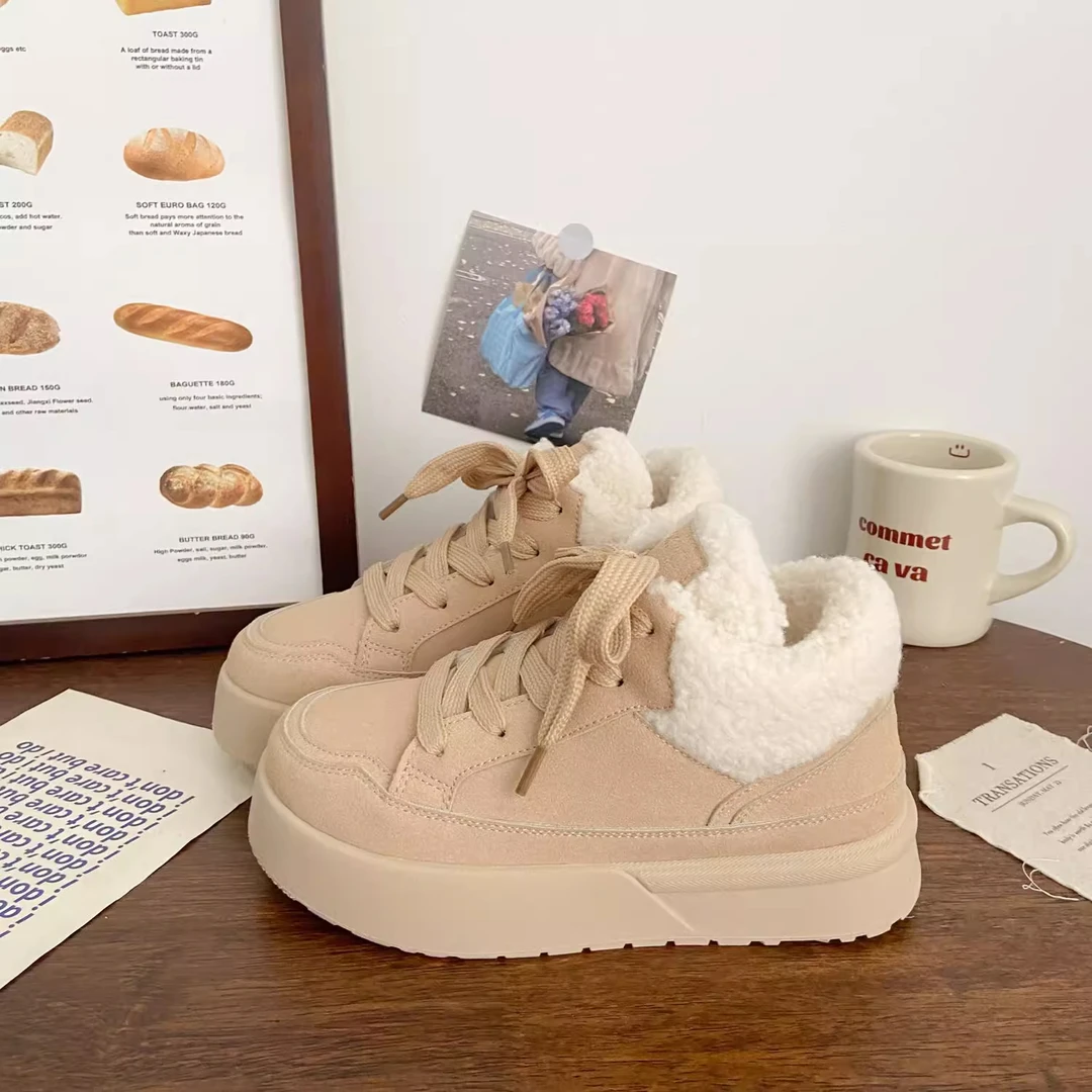 羊羔毛加绒板鞋女高帮冬季新款chic小众棉鞋学生厚底小白鞋子防滑