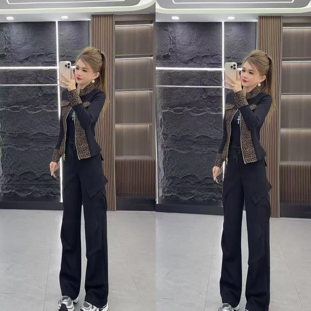 秋款0693 休闲百搭拼接长袖上衣外套 加 长裤 两件套