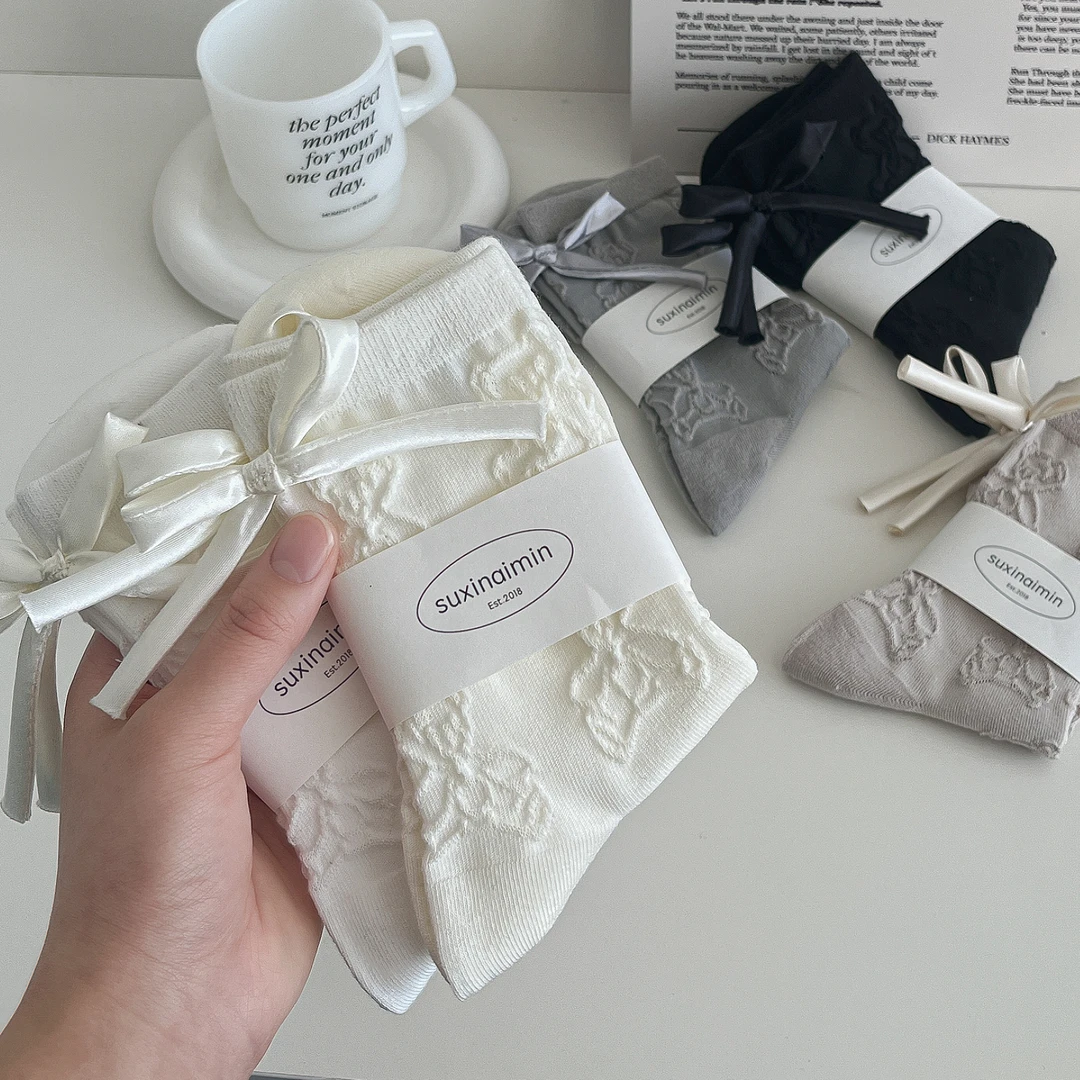 杭臻后跟蝴蝶结袜子女中筒袜春夏季棉袜日系可爱小熊无骨长堆堆袜