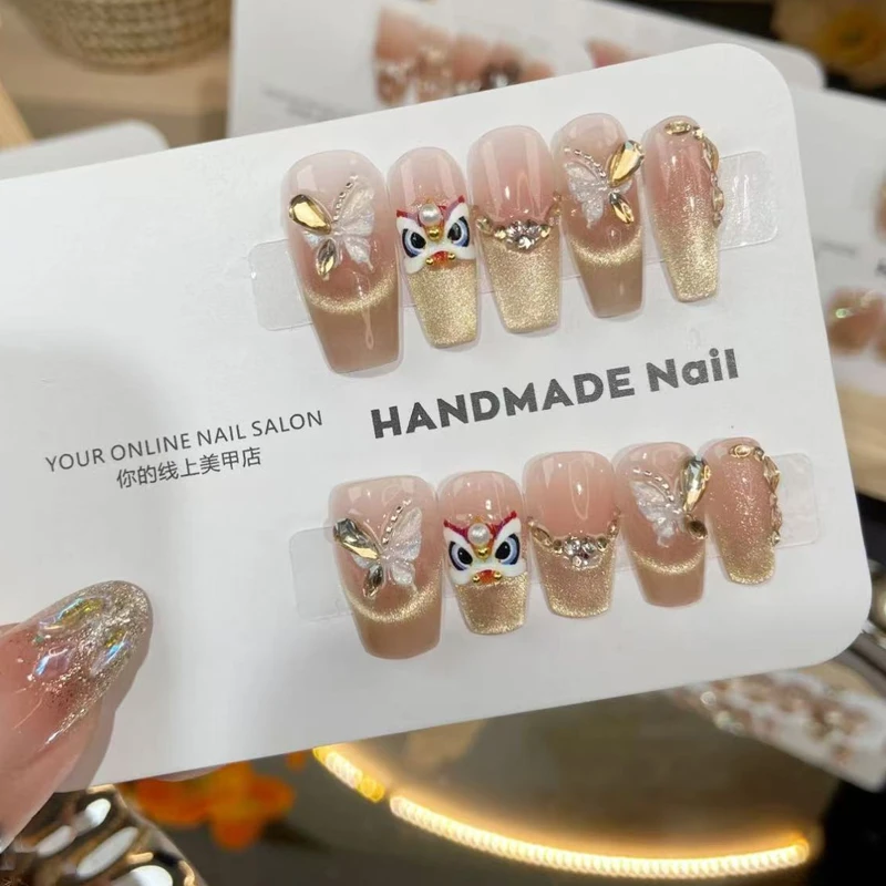 【烫金醒狮】（现货）纯手工穿戴甲美甲贴片可拆卸指甲贴片10片装