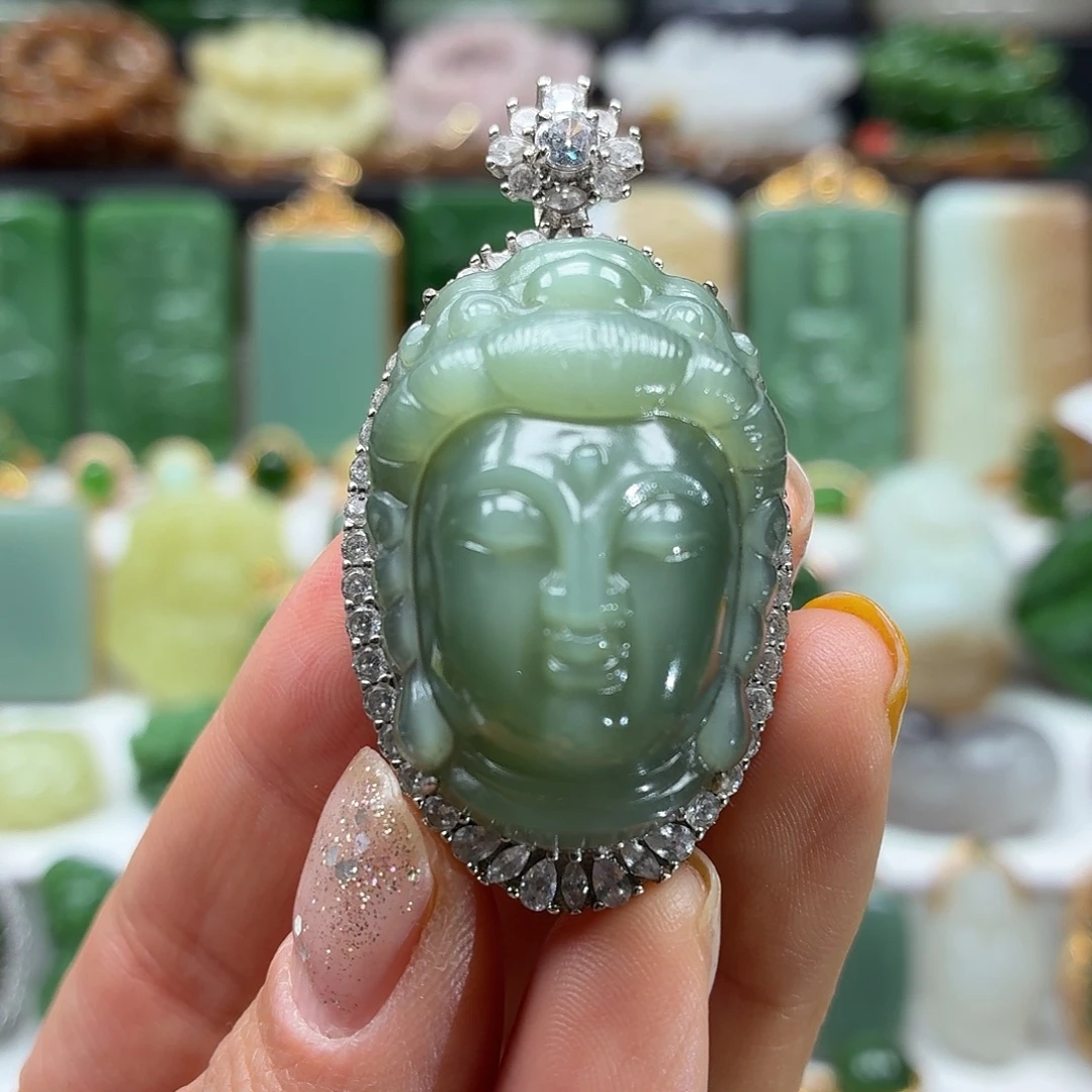 和田玉银S925镶嵌颈饰荧光猫眼大佛头