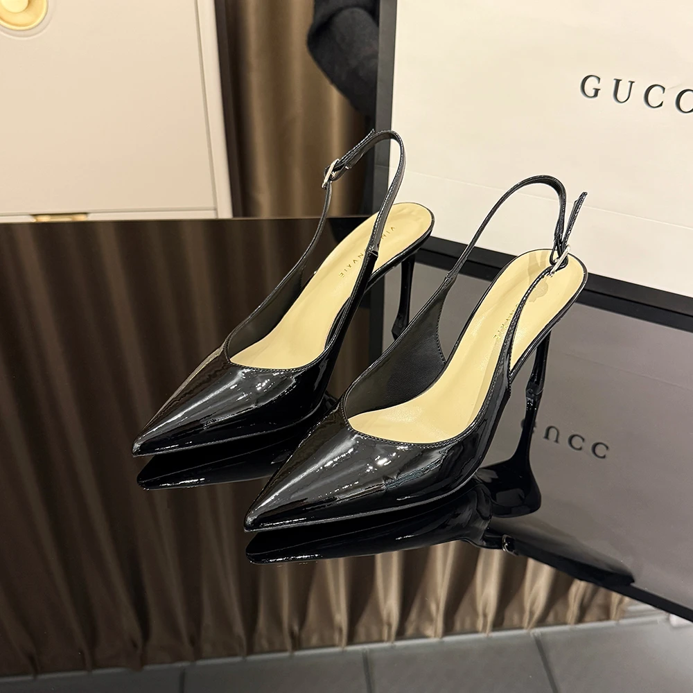 【VIMIAONVXIE】法式尖头气质一字带黑色凉鞋女细跟尖头真皮高跟鞋