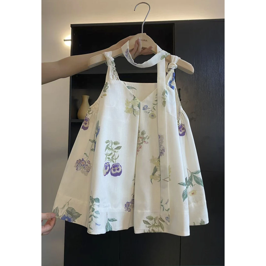 璎婲sᴀᴋᴜʀᴀ【云影花枝】曼韩版飘带V领肩膀扭结气质碎花背心吊带