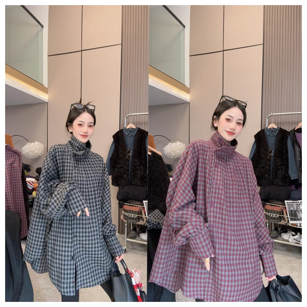 【立领格子】磨毛格纹~侧边扣设计款气质穿搭时尚休闲百搭秋冬衬衣