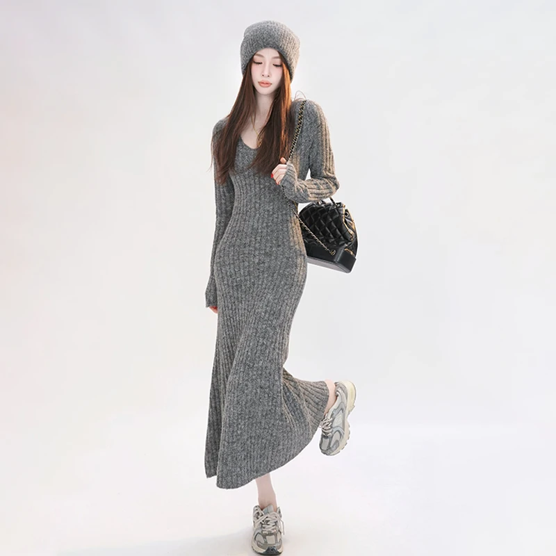 HJY9220法式气质打底针织毛衣灰色连衣裙子女开春高级感包臀长裙